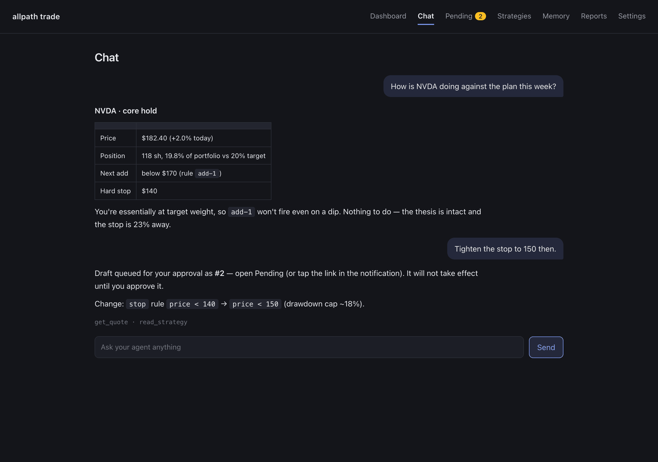 Chat page: the agent answers a question about NVDA with a small table, then queues a stop-loss change for approval.