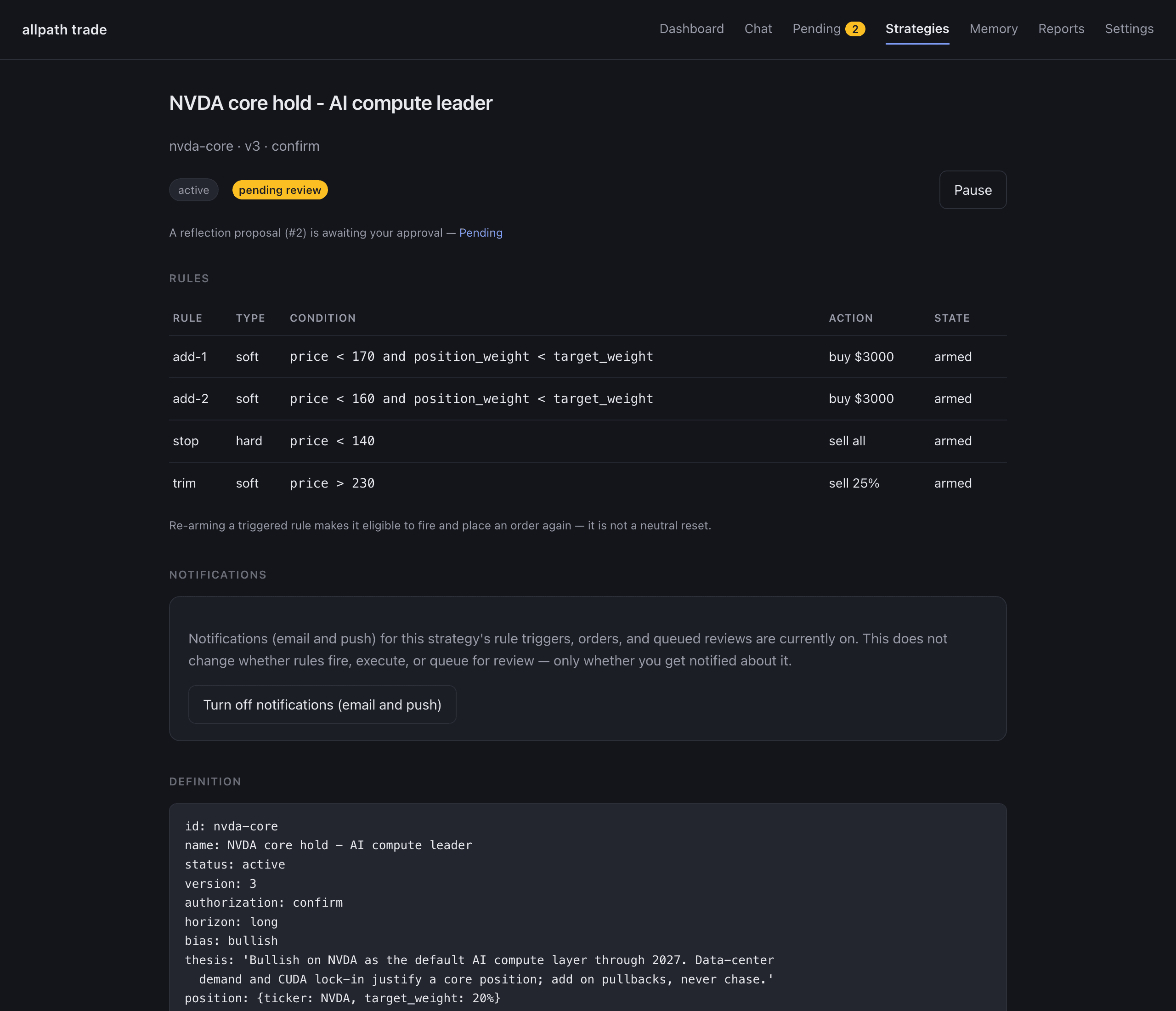 Strategy detail: thesis, rules with live state, version history, and the per-strategy notification toggle.